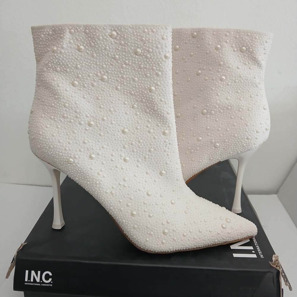 INC International Concepts White Pearl-Embellished Ankle Boots Sz 12 4in Height - Picture 5 of 11